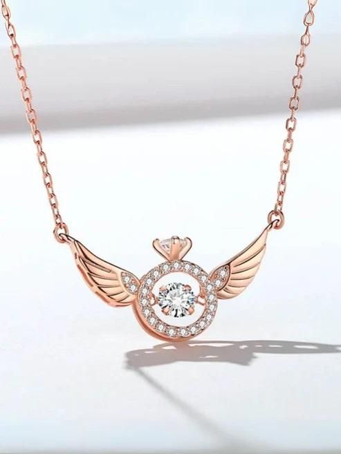 Shivoxx Rose Gold Angel Wings Pendant Necklace with Crown & Crystal – Elegant Women’s Jewelry Gift (Pack - 1)
