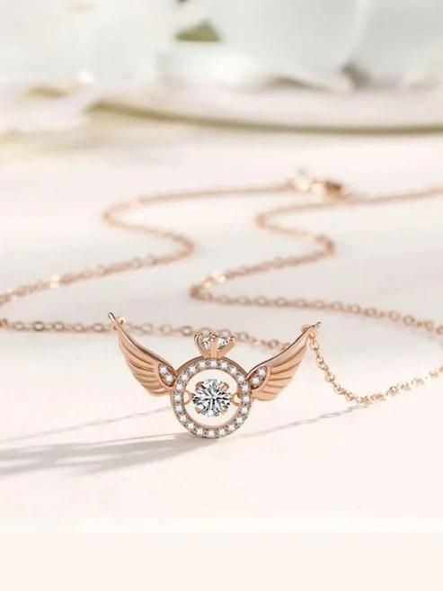Shivoxx Rose Gold Angel Wings Pendant Necklace with Crown & Crystal – Elegant Women’s Jewelry Gift (Pack - 1)