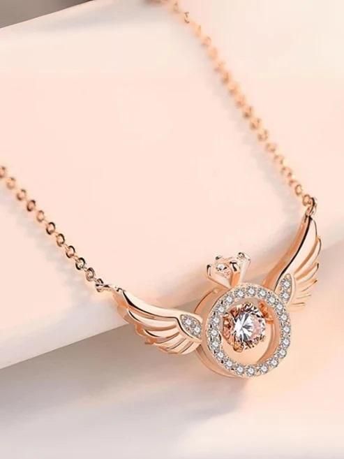 Shivoxx Rose Gold Angel Wings Pendant Necklace with Crown & Crystal – Elegant Women’s Jewelry Gift (Pack - 1)