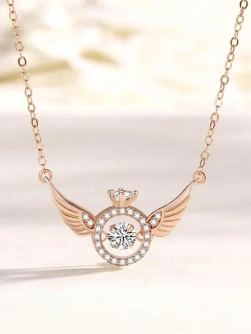 Shivoxx Rose Gold Angel Wings Pendant Necklace with Crown & Crystal – Elegant Women’s Jewelry Gift (Pack - 1)